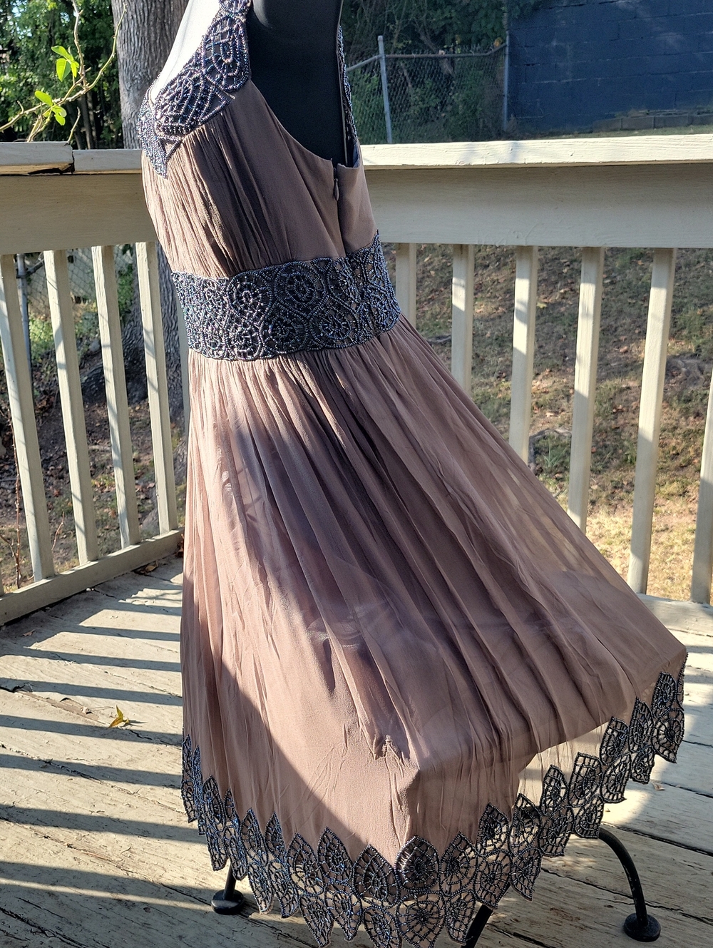 Adrianna Papell Mauve Midi Dress with Black Lace Accents